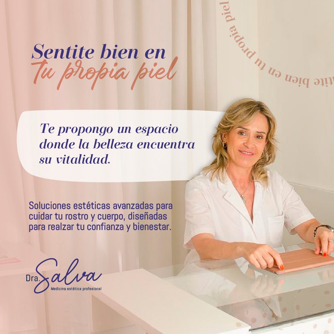 La Dra. Eugenia Salva sonriendo en su consultorio, con la frase de su publicación: Sentite bien en tu propia piel